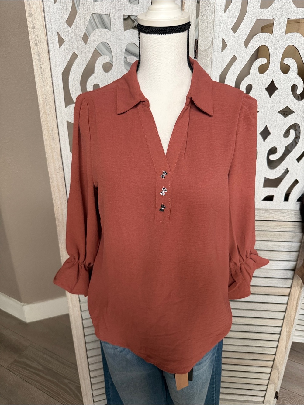 Adrienne Rust Collared V-Neck Blouse